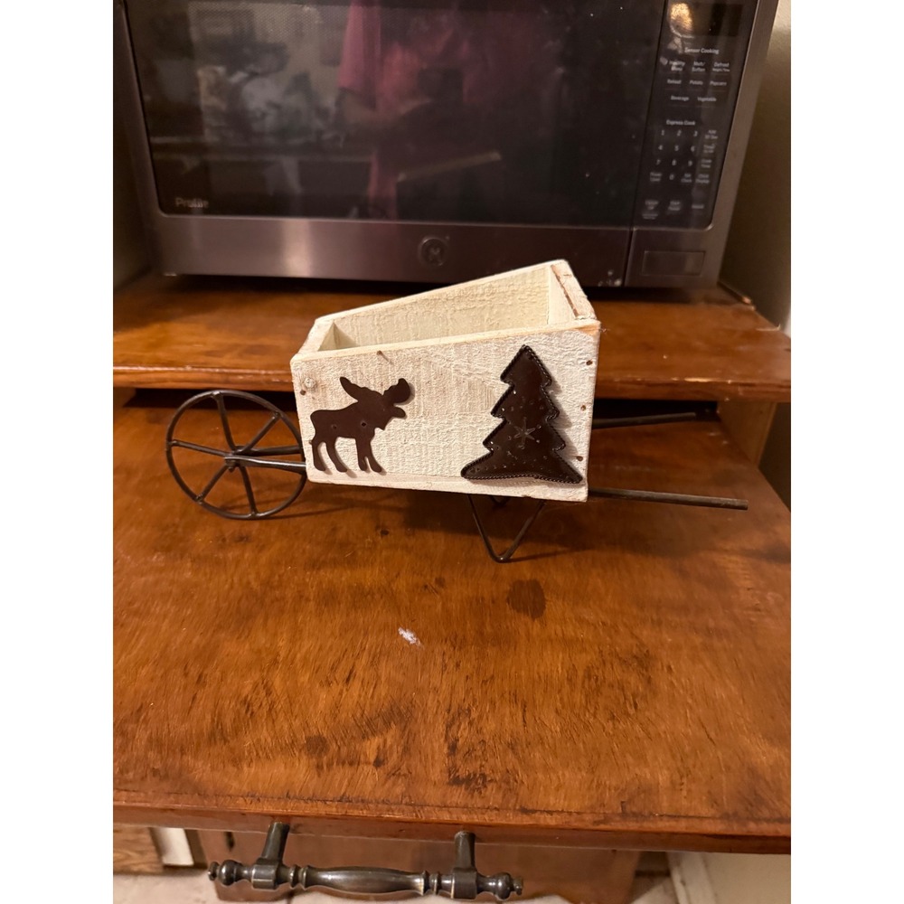 Rustic Wood and Metal Decorative Wheelbarrow Moose Pine Tree Cabin Decor